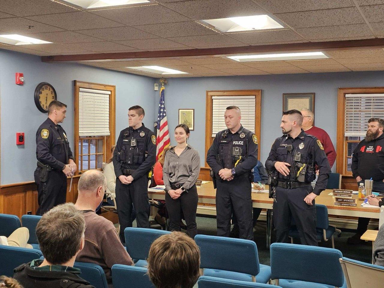 Candia's four newest Police Officers sworn in at BOS meeting on March 24, 2025: Left to Right Officer Norris, Officer Fisher, Officer Denny, and Officer Grenier.