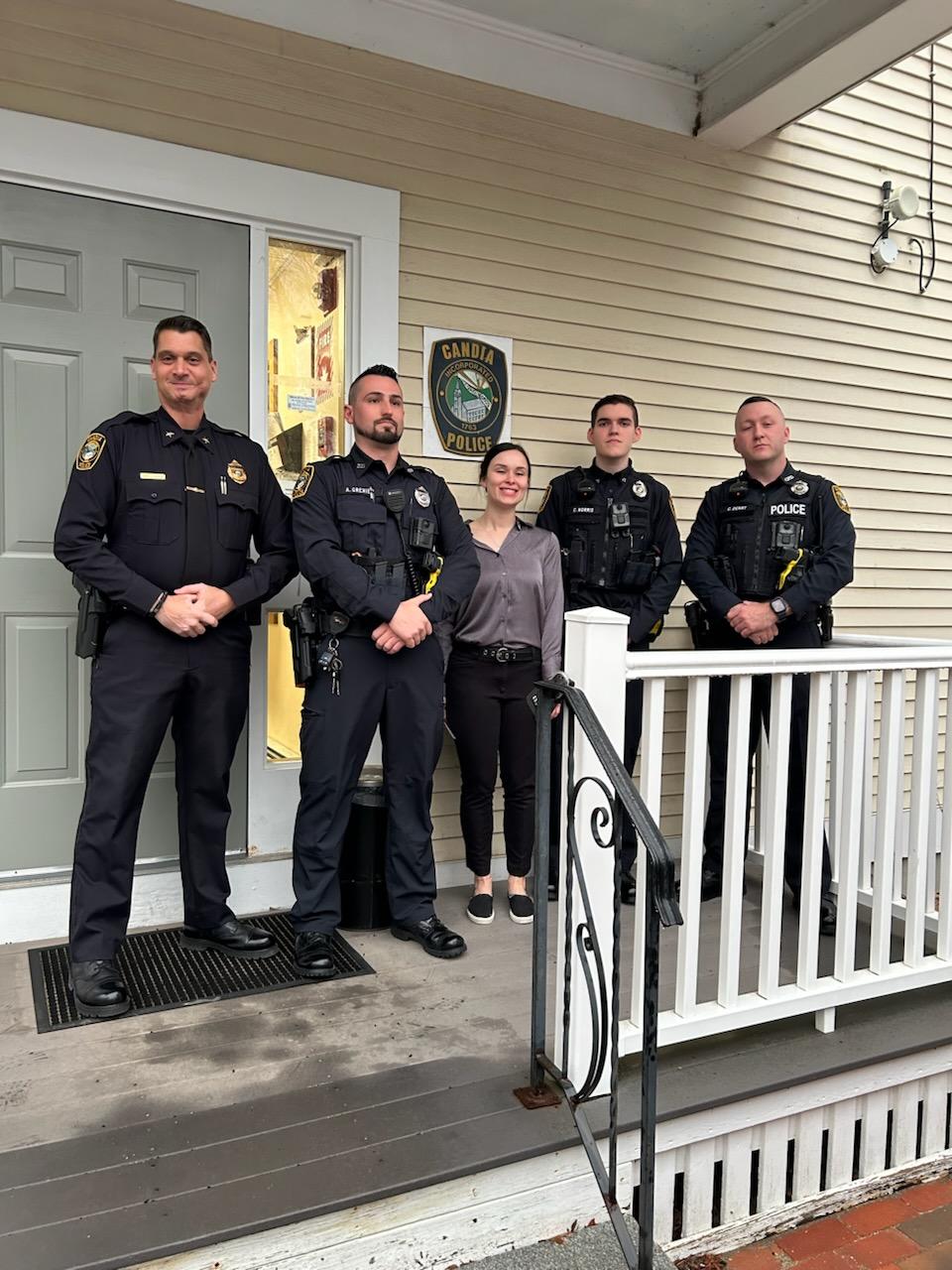 Candia's four newest Police Officers in front of Police Department with Chief Shevlin