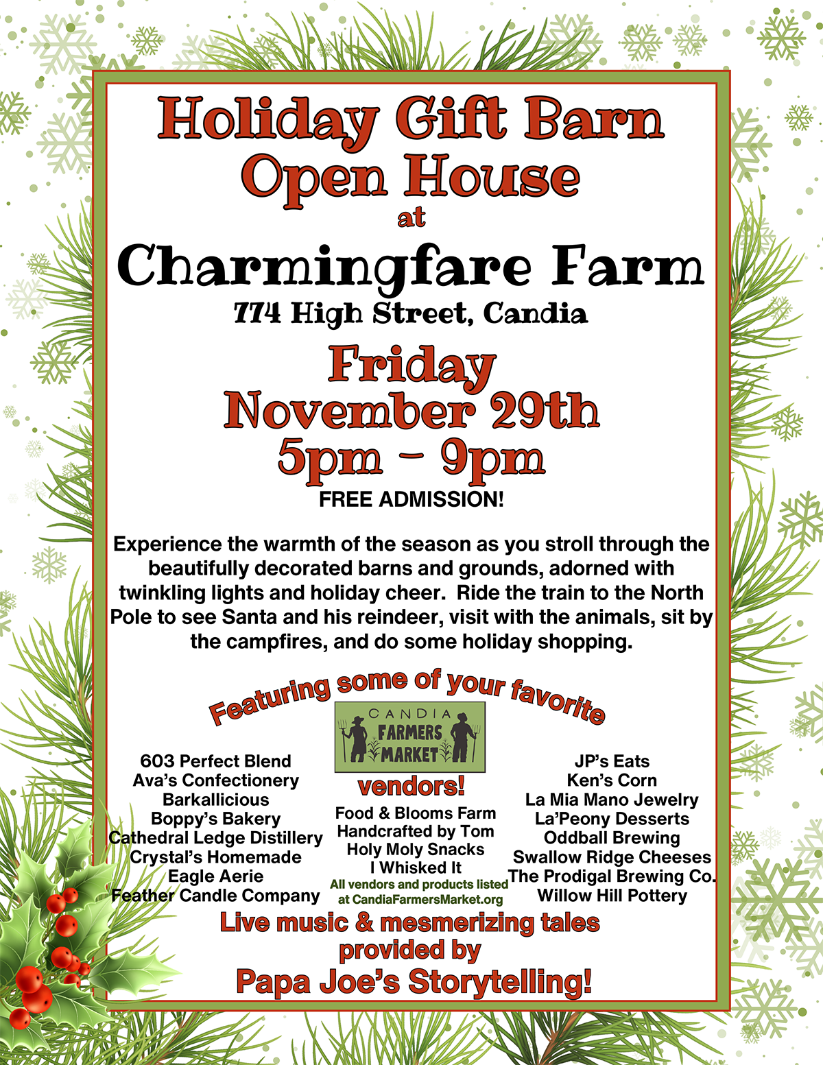 Holiday Gift Barn Open House at Charmingfare Farm on November 29 from 5pm - 9pm. Free Admission.